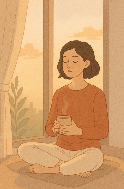 창가에서 따뜻한 차를 마시며 명상하는 사람