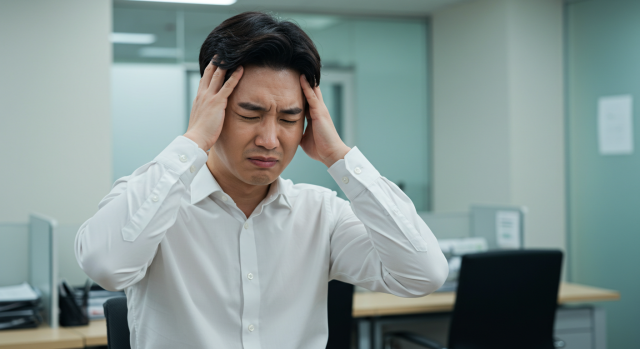 머리를 감싸쥐고 두통을 호소하는 한국인 직장인