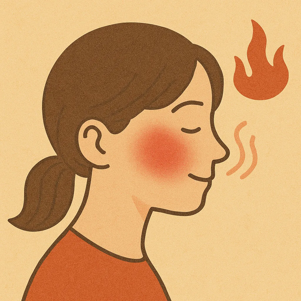 뺨에-열이-오르는-이유를-시각적으로-표현한-일러스트-붉게-달아오른-뺨과-불꽃-아이콘이-있는-여성-측면-초상화