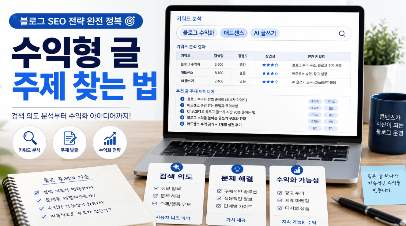 블로그 수익화에 유리한 글 주제를 찾는 키워드 선정 전략을 설명하는 썸네일 이미지