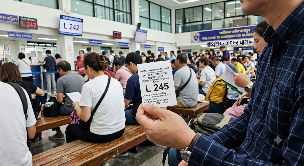 쩽와타나 이민국 대기실 전경. 화면 앞쪽에서 한 사람이 'L 245' 대기 번호와 '쩽와타나 이민국'이라는 한글이 적힌 번호표를 쥐고 있으며, 배경으로는 수많은 민원인들이 앉아 순서를 기다리는 모습과 '쩽와타나 이민국 대기실' 안내 표지판이 보입니다.