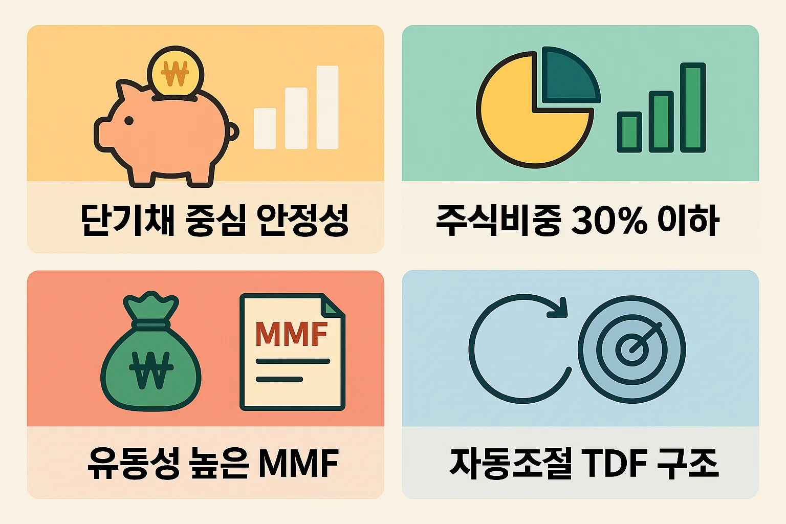 단기채 중심 안정성, 주식비중 30% 이하, 유동성 높은 MMF, 자동조절 기능을 가진 안정형 TDF 등 IRP 안전자산 구성 시 꼭 확인해야 하는 핵심 특성을 시각적으로 요약해 보여주는 가이드 이미지입니다.