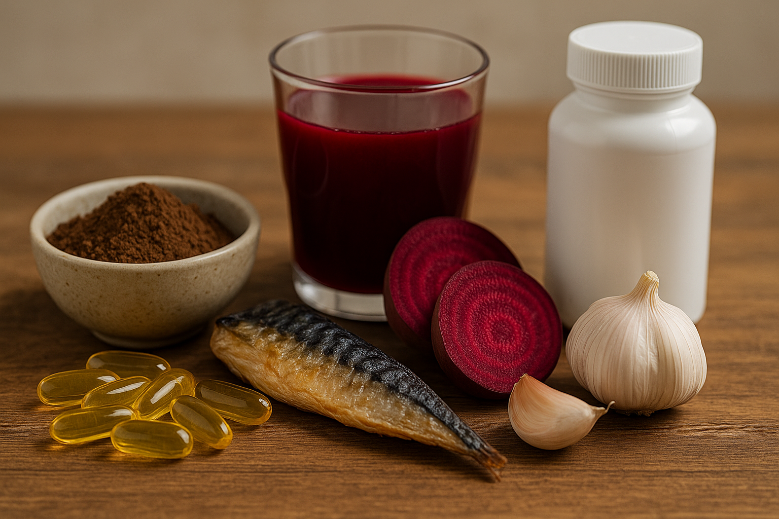코코아 파우더, 오메가3 캡슐, 고등어, 비트주스와 비트 슬라이스, 마늘, CoQ10 보충제가 놓인 테이블