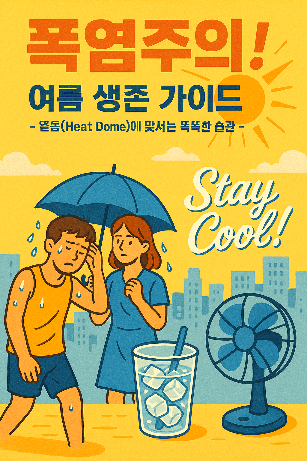 - 열돔(Heat Dome)에 맞서는 똑똑한 습관 - 
강한 햇빛 아래 땀을 흘리는 사람들, 양산을 쓴 여성, 얼음물과 선풍기, 더위로 지친 도시 배경, "Stay Cool!" 텍스트 강조, 전체적으로 밝은 여름 톤과 노란색&middot;하늘색 배색