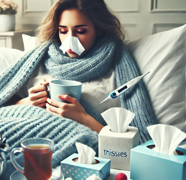 감기에 걸린 여자환자가 침대에 누워있다