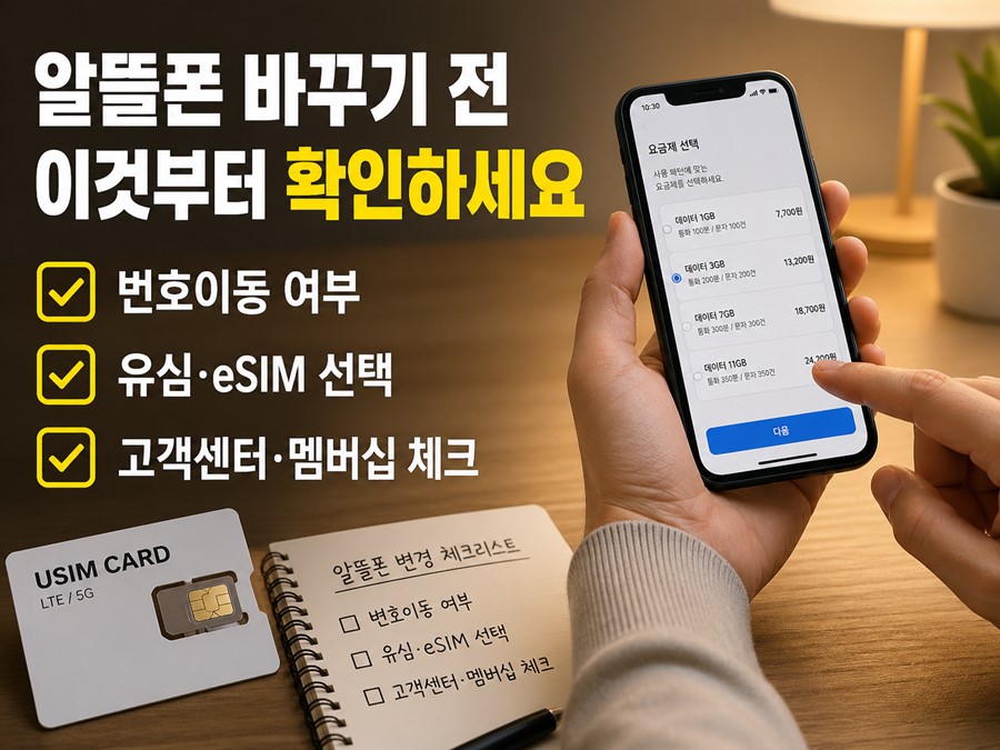 알뜰폰 가입 전에 번호이동, 유심과 eSIM 선택, 고객센터 이용 편의성과 멤버십 체감 차이를 점검하는 실전 안내 이미지입니다.