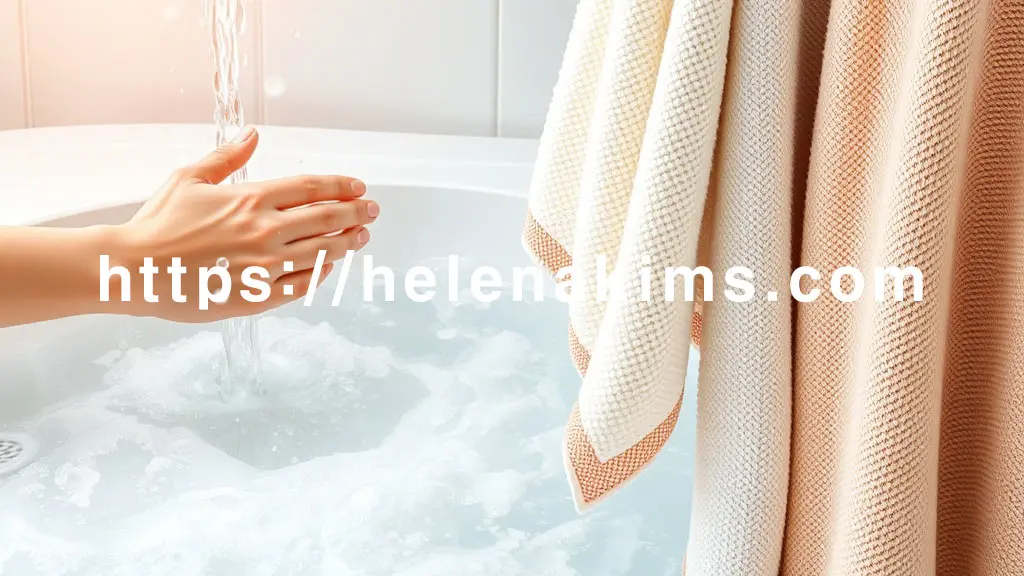 피부를 부드럽게 감싸는 미온수의 흐름과 함께, 물기를 톡톡 두드려 닦아내는 부드러운 면 타월. 옆에는 포근한 면 소재 의류가 걸려 있는 이미지.