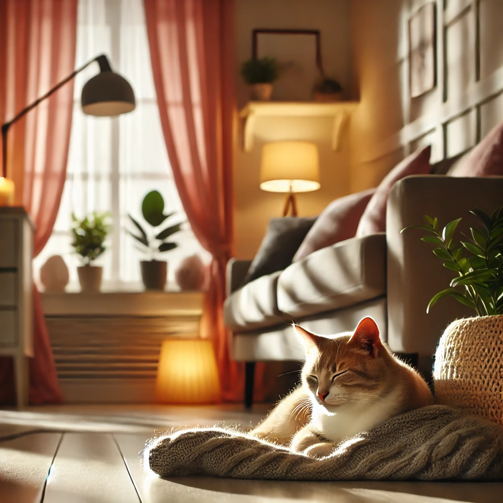 은은한 조명이 있는 조용한 공간에서 편안해하는 고양이