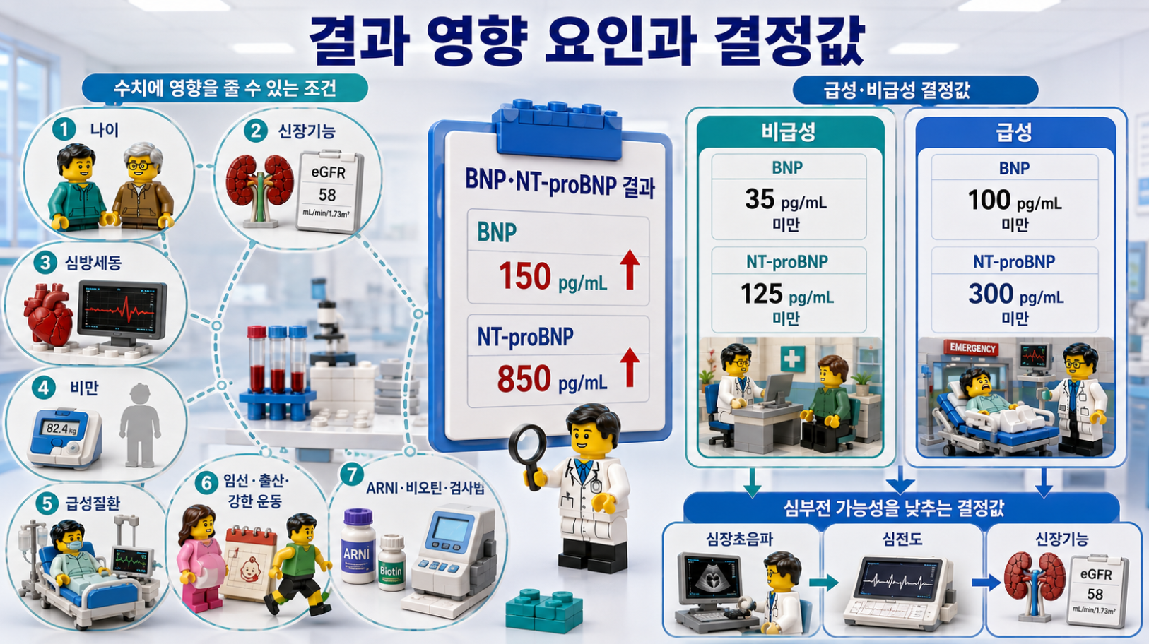 BNP·NT-proBNP 결과에 영향을 주는 조건과 급성·비급성 결정값을 비교한 의료 인포그래픽