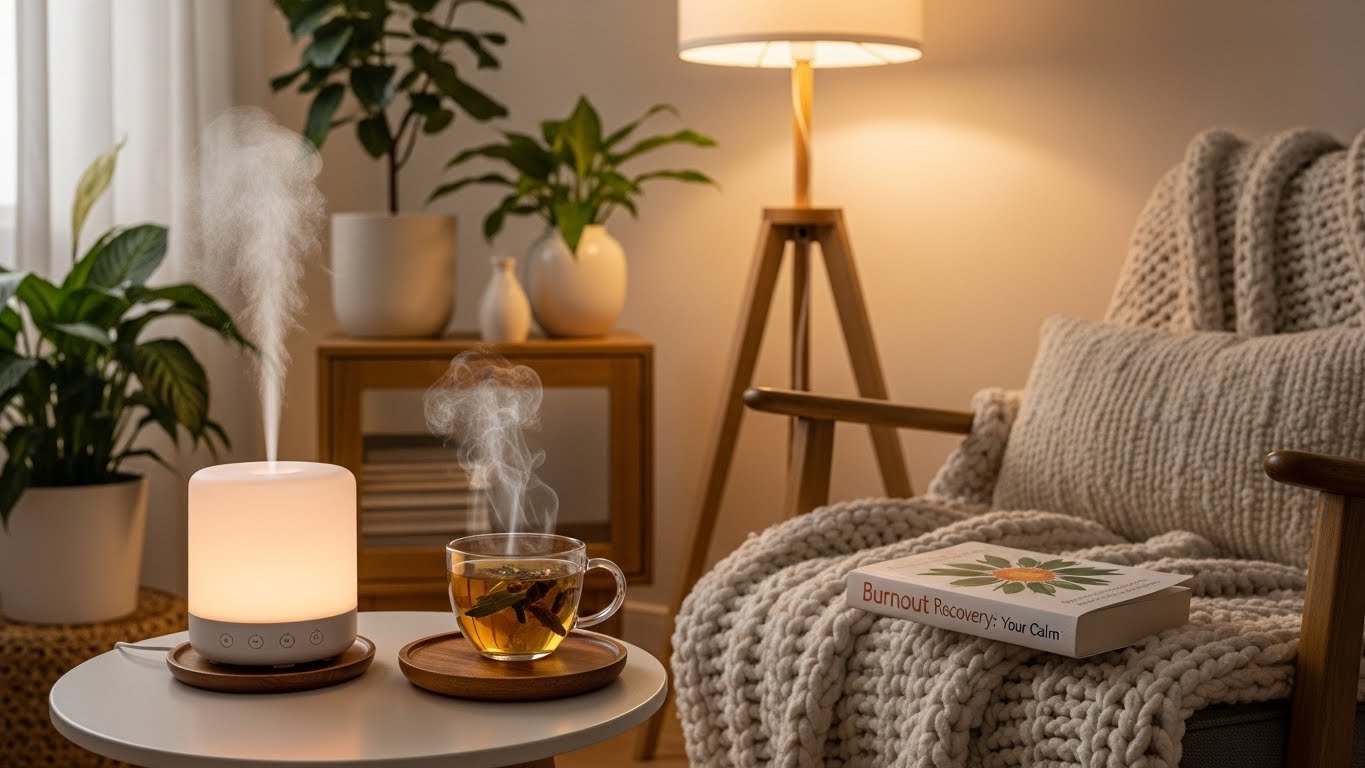 아로마 디퓨저와 따뜻한 차가 있는 아늑한 집에서 힐링하는 모습
