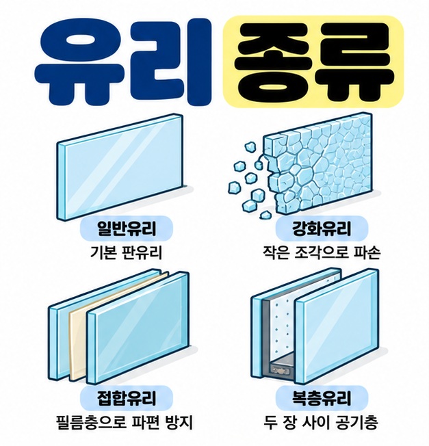 유리 종류 문구와 일반유리, 강화유리, 접합유리, 복층유리 단면 아이콘을 보여주는 대표 카드