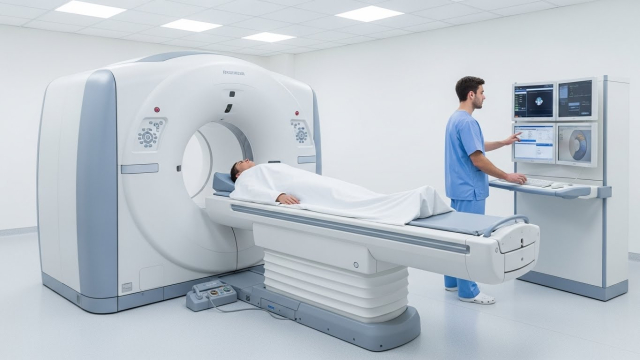 진료실에서 복부 CT 사진을 설명하는 의사와 환자