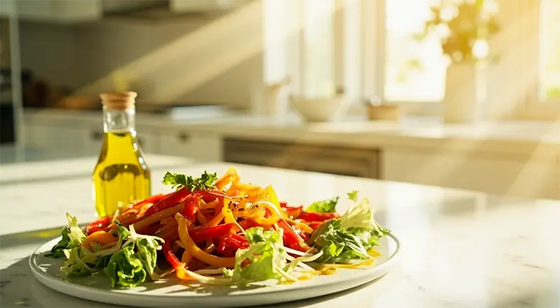 깨끗한 주방 식탁 위에 하얀 접시에 파프리카 샐러드가 담겨 있고 그 옆에는 올리브 오일이 놓여 있는 이미지.