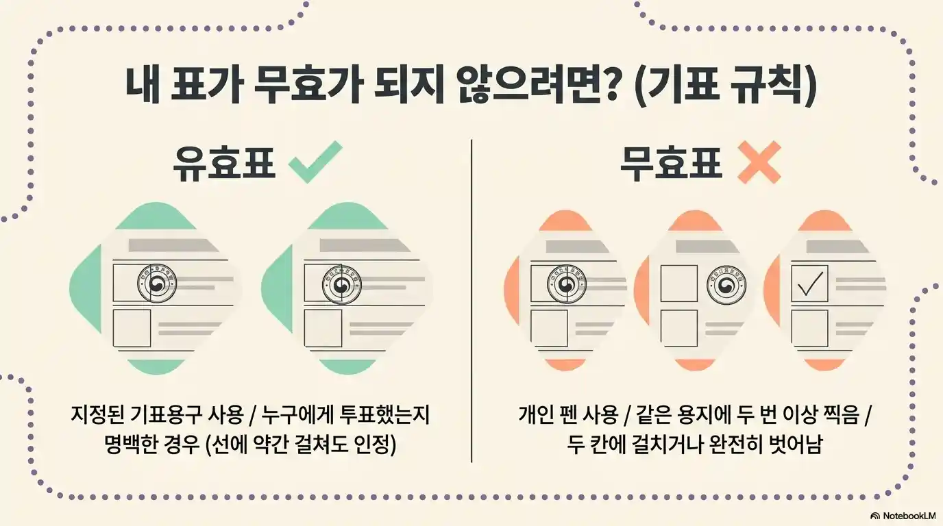 투표 유효표&middot;무효표 기표 규칙 안내 - 유효: 지정 기표용구 사용&middot;선에 약간 걸쳐도 인정 / 무효: 개인 펜 사용&middot;같은 용지에 두 번 이상 찍음&middot;두 칸 걸치거나 완전히 벗어남