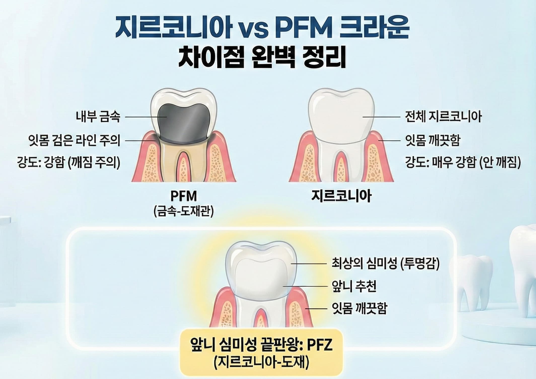 지르코니아 vs PFM 크라운 차이점 완벽 정리 (앞니 심미성 끝판왕 PFZ 포함)