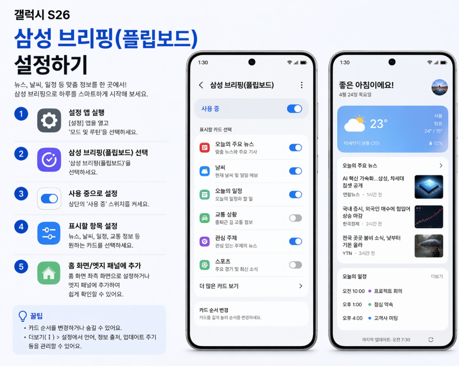 갤럭시 S26에서 삼성 브리핑 플립보드 페이지를 켜고 설정하는 방법
