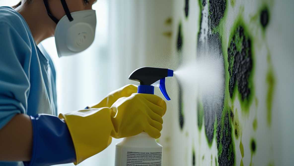 마스크와 장갑을 낀 사람이 벽지에 곰팡이 제거제를 뿌리는 모습
