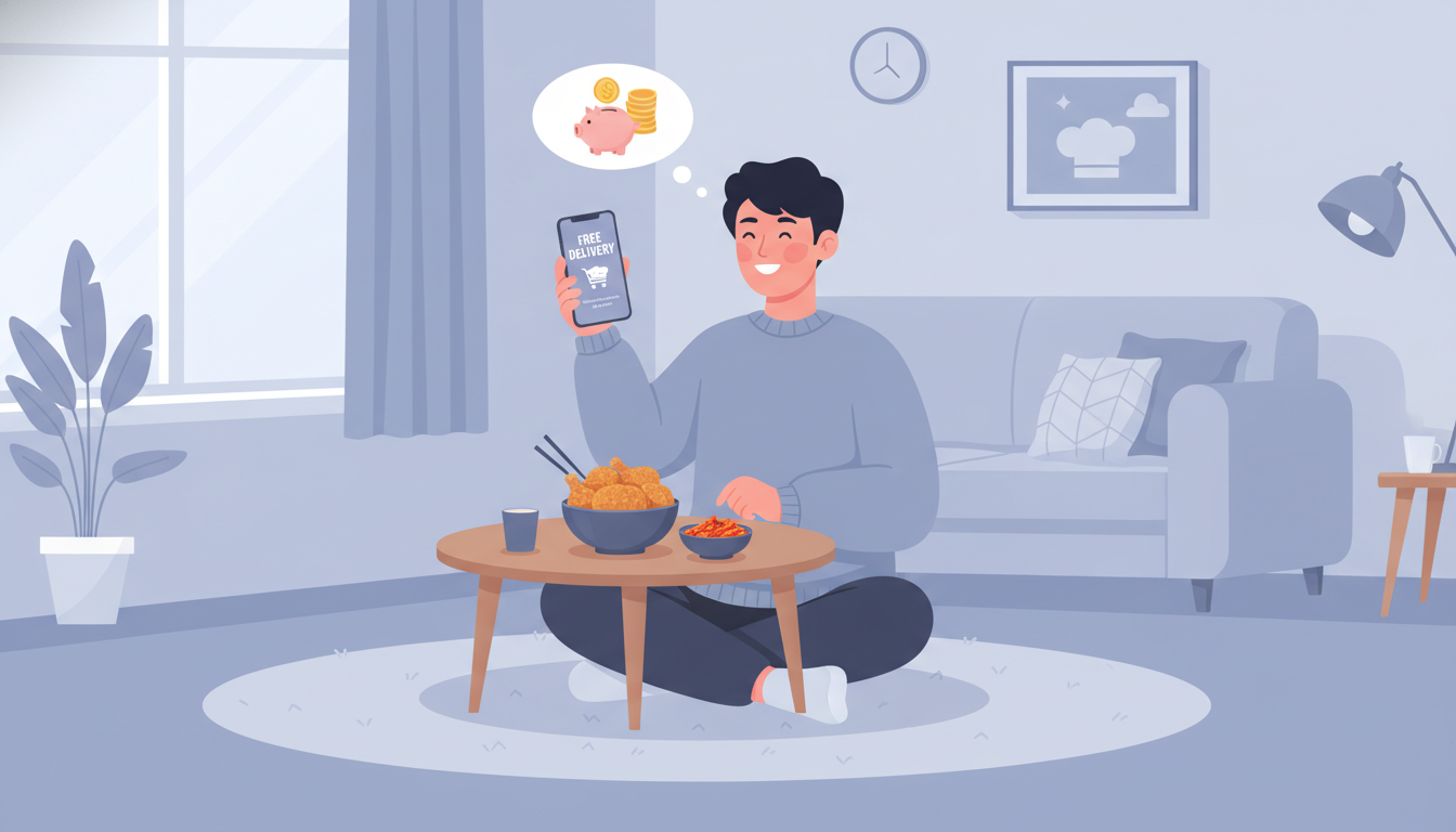자취방에서 스마트폰 배달 앱을 보며 행복해하는 젊은 청년과 테이블 위에 차려진 맛있는 한국 배달 음식