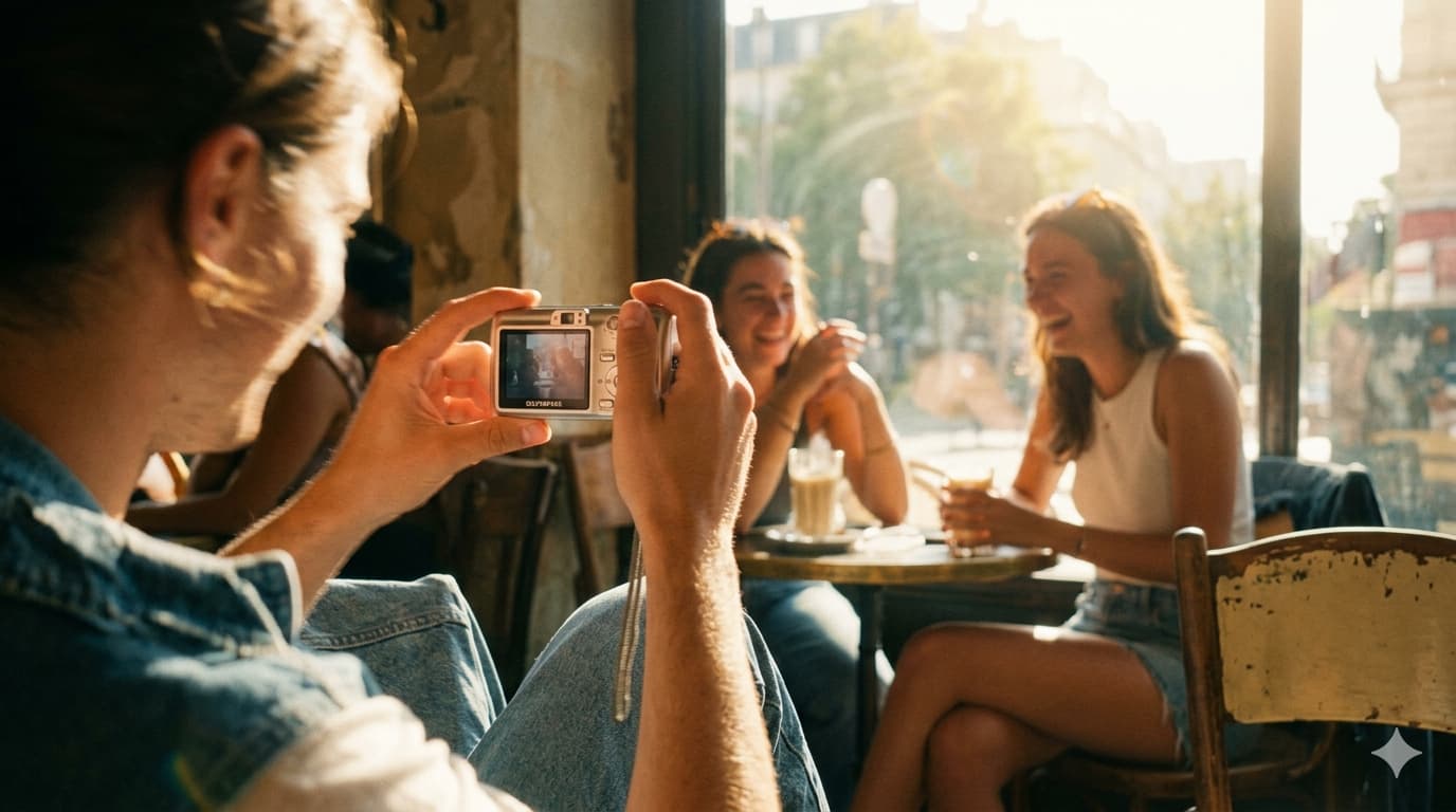 햇살 드는 빈티지 카페 내부에서 친구들의 웃는 모습을 silver 올림푸스 뮤 디지털 카메라로 촬영하려는 순간을 포착한 감성적인 캔디드 스냅샷