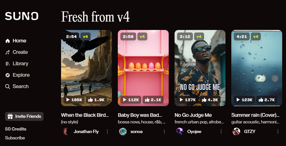 수노(Suno) 사이트 캡쳐