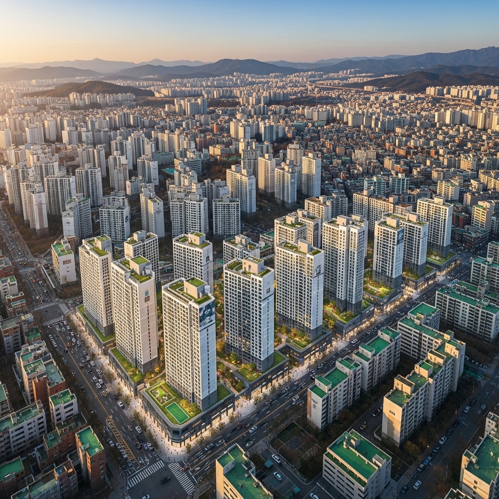 서울 및 수도권 신축 아파트와 기존 주거 단지가 어우러진 조감도, 부동산 공급과 수요의 복합성을 상징.2