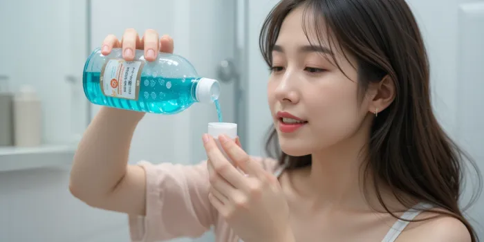 깔끔한 욕실에서 가글액을 따라 담는 모습