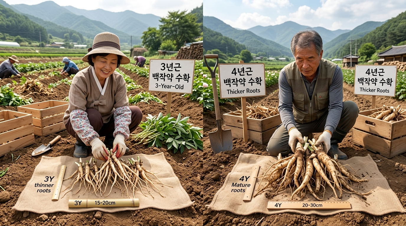 60대 한국인 농부가 장갑을 끼고 신중하게 백작약 뿌리를 검사하는 모습