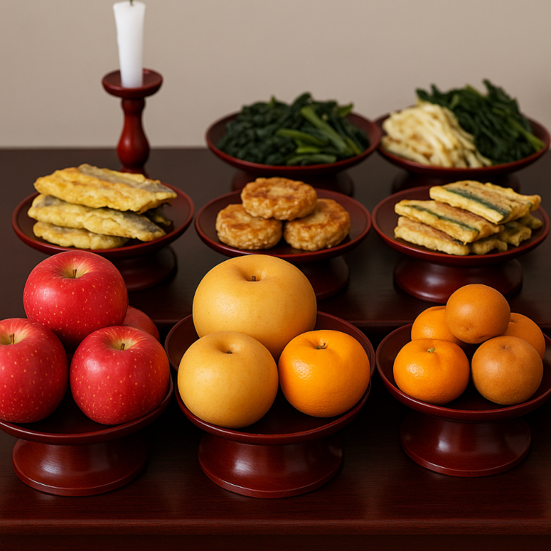 전통 과일과 전이 올려진 차례상