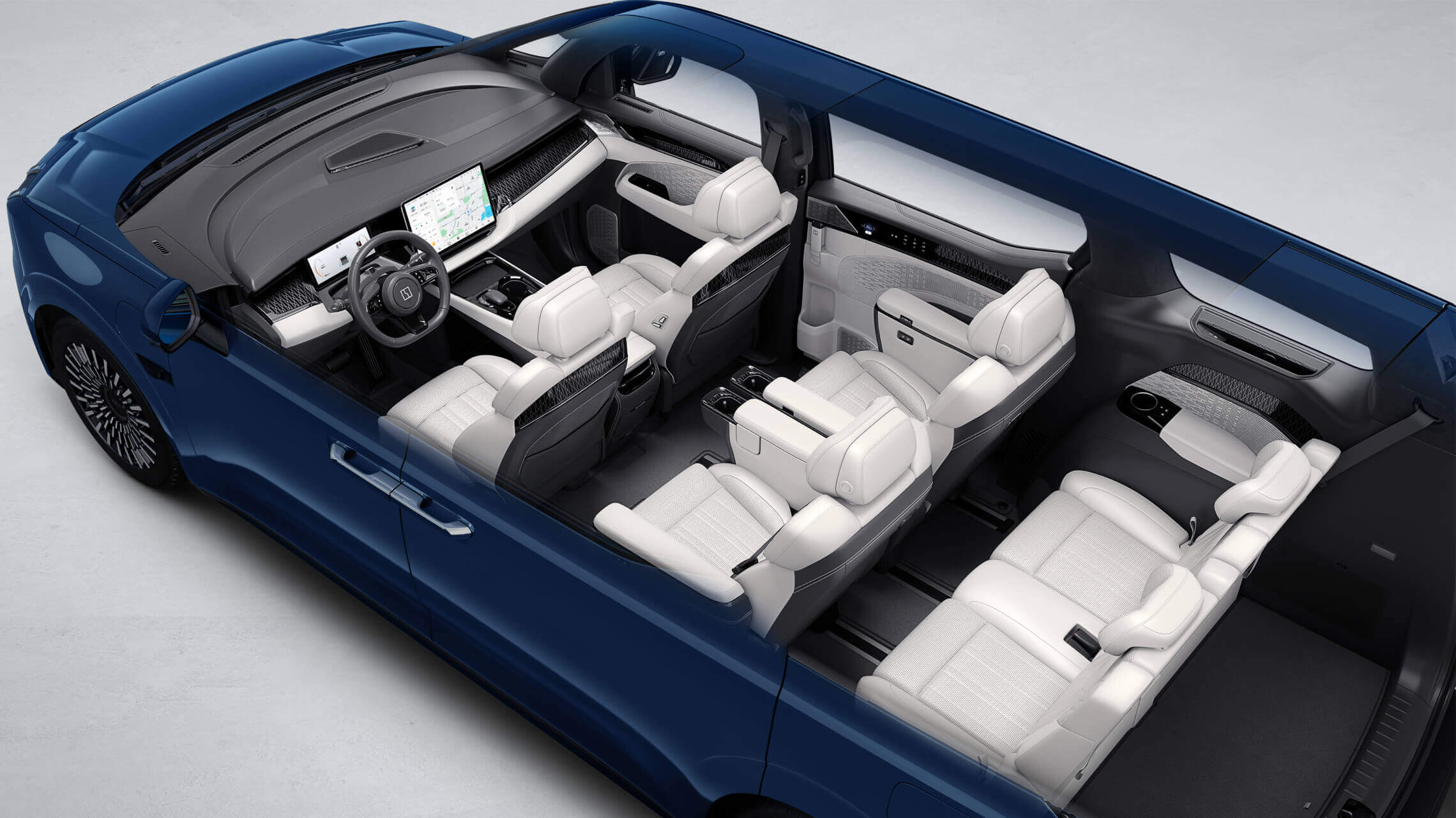 지커 009 대형 전기 MPV 차량 내부 6인 시트 배열