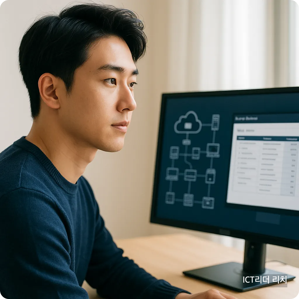 보안 시스템 모니터를 바라보며 CSAP관련 점검 중인 20대 남성 전문가의 자연광 프로필