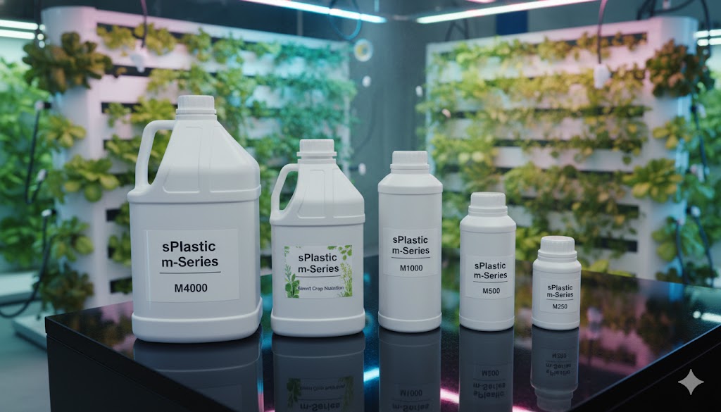 삼양플라스틱 m-시리즈 용기(M4000, M2000, M1000, M500, M250)가 'sPlastic m-Series' 라벨을 부착하고, 생동감 넘치는 스마트팜 내부의 작업대에 정렬되어 있습니다. 용기들은 불투명 백색이며, 라벨에는 각 모델명과 'Smart Crop Nutrition' 등의 문구가 기재되어 첨단 농업 및 원예 분야의 액체 비료, 영양제 용기로서의 적합성을 보여줍니다