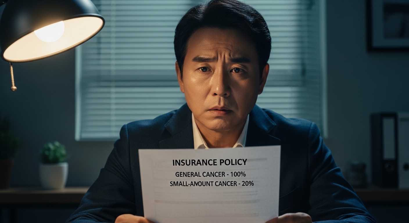 암보험 서류의 일반암과 소액암 항목을 보며 심각한 표정을 짓고 있는 중년 남성