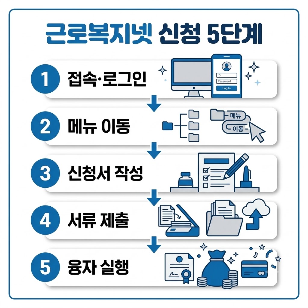 근로복지넷 자녀양육비 융자 온라인 신청 5단계 절차 인포그래픽