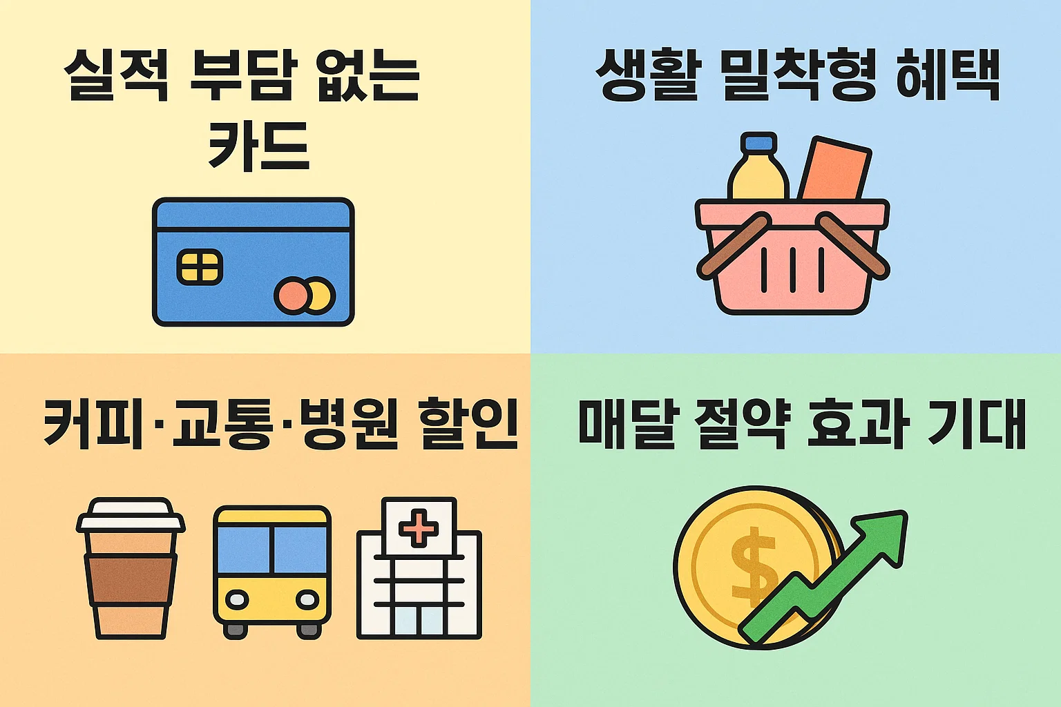 실적 부담 없는 카드, 생활 밀착형 혜택, 커피&middot;교통&middot;병원 할인 등 매달 절약 효과를 기대할 수 있는 카드 혜택을 정리한 인포그래픽입니다.