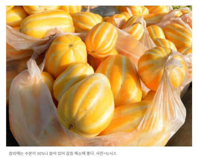 참외 효능을 알리기 위해서 노란색 참외들이 비닐봉지에 담겨진 사진을 가져왔다.