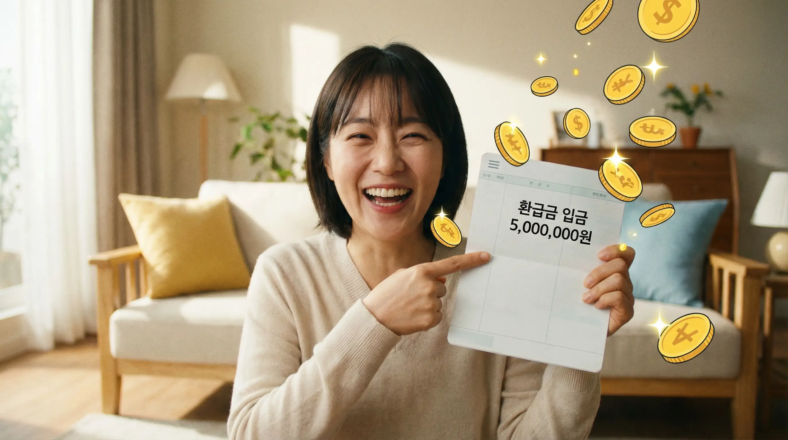 환급금이 입금된 통장 내역을 보며 환하게 웃고 있는 사람의 모습과 떨어지는 동전 그래픽
