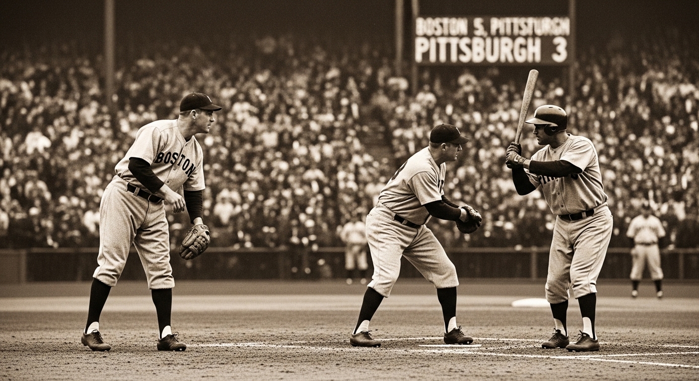 1903년 첫 월드시리즈의 역사적인 순간. 보스턴 아메리칸스 투수가 투구하고 피츠버그 파이리츠 타자가 타석에 선 모습.