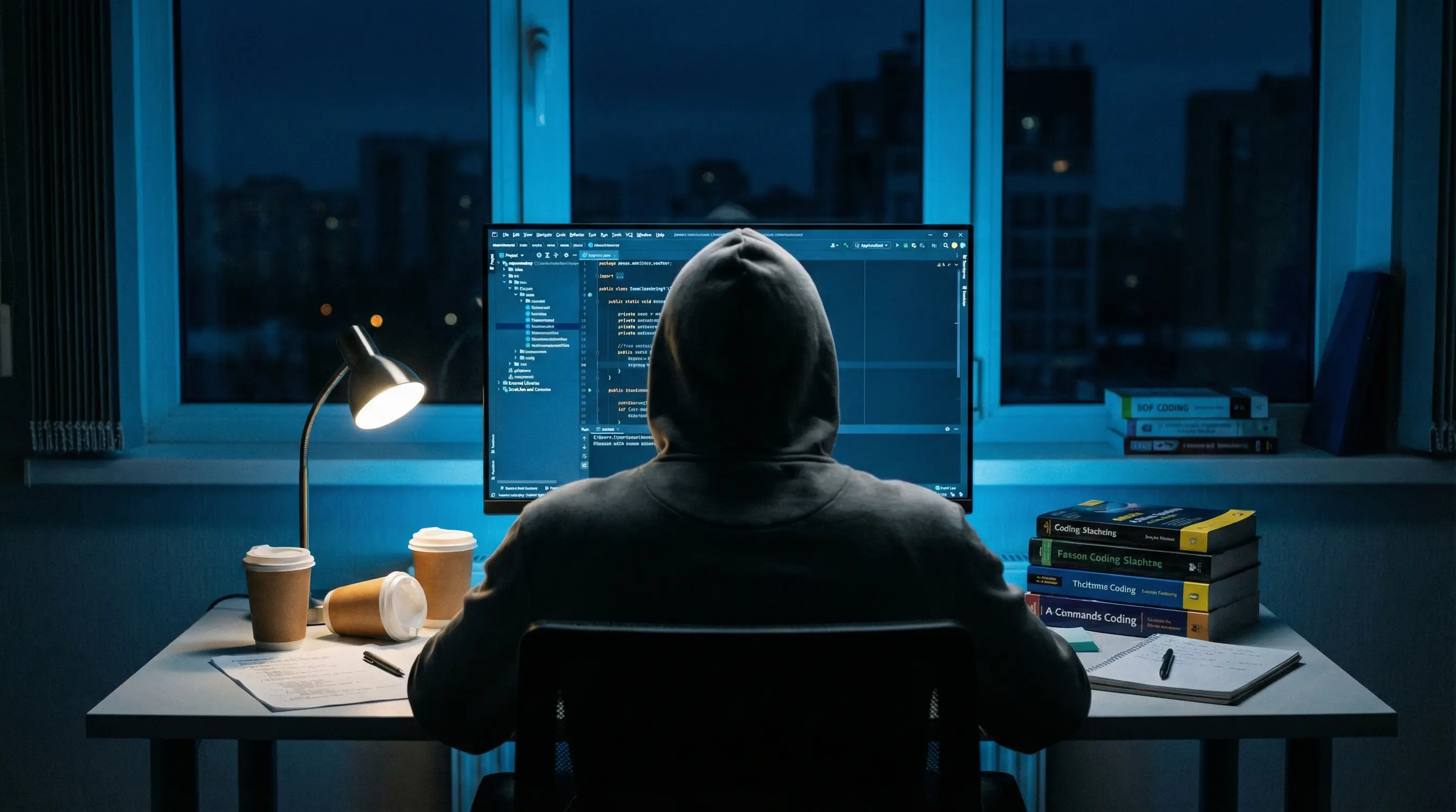 밤늦게까지 모니터를 보며 자바 코딩을 공부하고 있는 열정적인 취업 준비생의 뒷모습