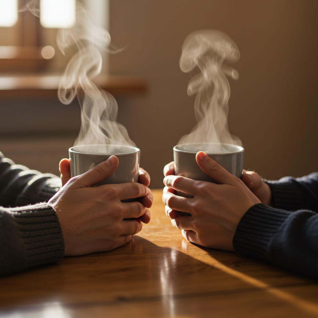 나무 테이블을 사이에 두고 두 사람이 따뜻한 컵을 든 채 마주 앉아 대화하는 모습. 공감과 나눔을 의미.