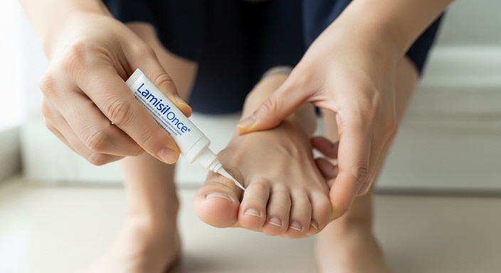 발가락 사이에 꼼꼼히 약을 바르는 모습