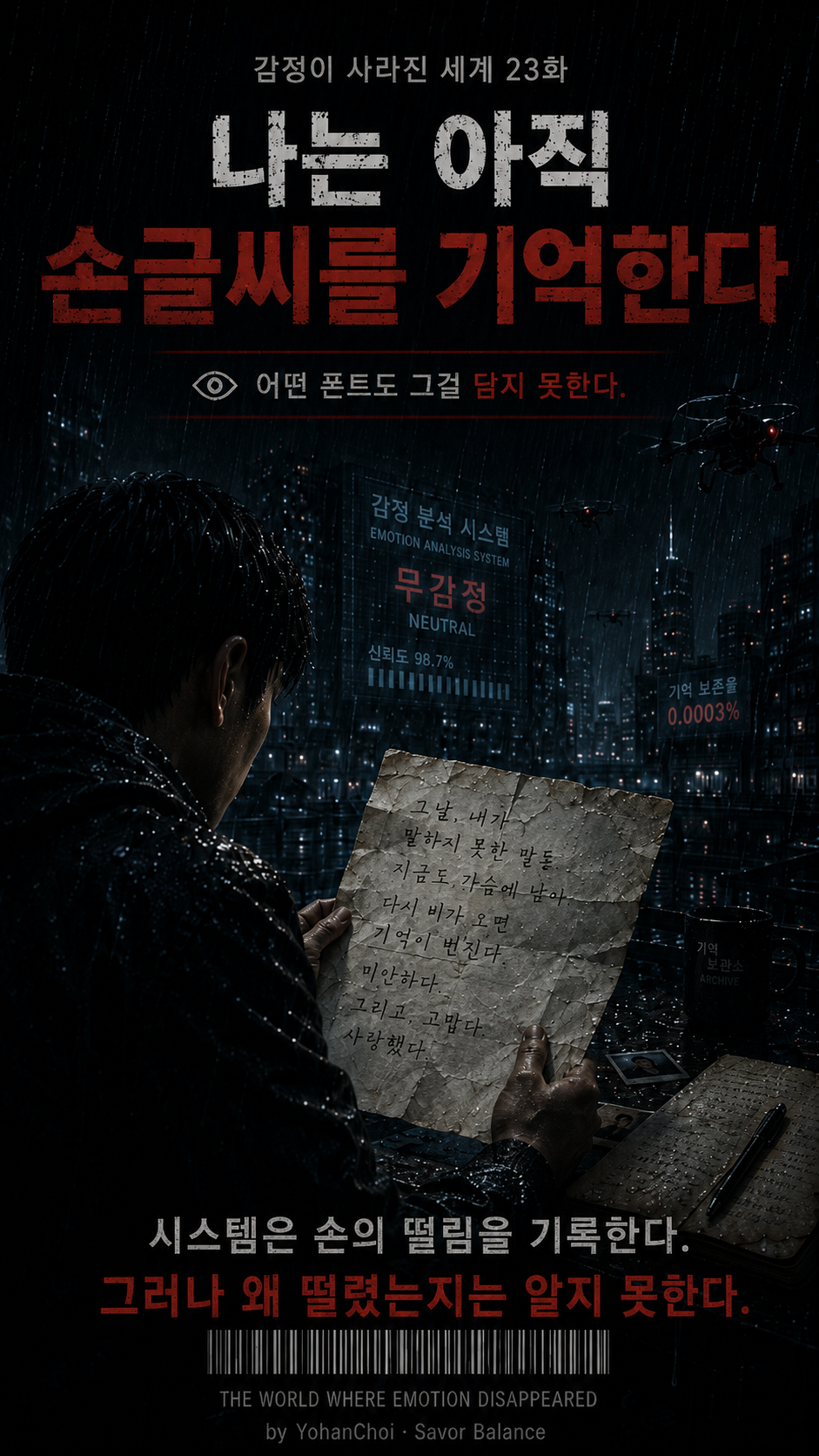 Vertical cover art for Episode 23 of The World Where Emotion Disappeared. In a rain-soaked dystopian city, a man holds a wrinkled handwritten letter beside an open notebook while surveillance drones and an emotion-analysis system monitor him. The image contrasts imperfect handwriting, pen pressure, memory, and human hesitation with algorithmic emotional control, emphasizing that a system may record a trembling hand but cannot understand why it trembles.