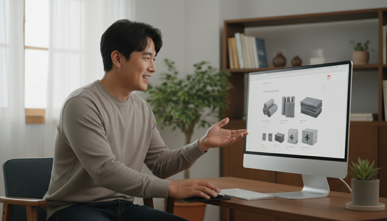 컴퓨터 화면에서 종량제 봉투를 장바구니에 담는 젊은 한국 남성