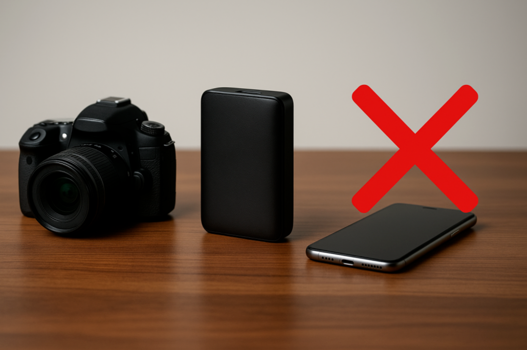 스마트폰, 카메라, 보조배터리가 놓인 책상 위에서 휴대폰에 X 표시가 있는 사진, 전자기기 차량 내 보관 주의