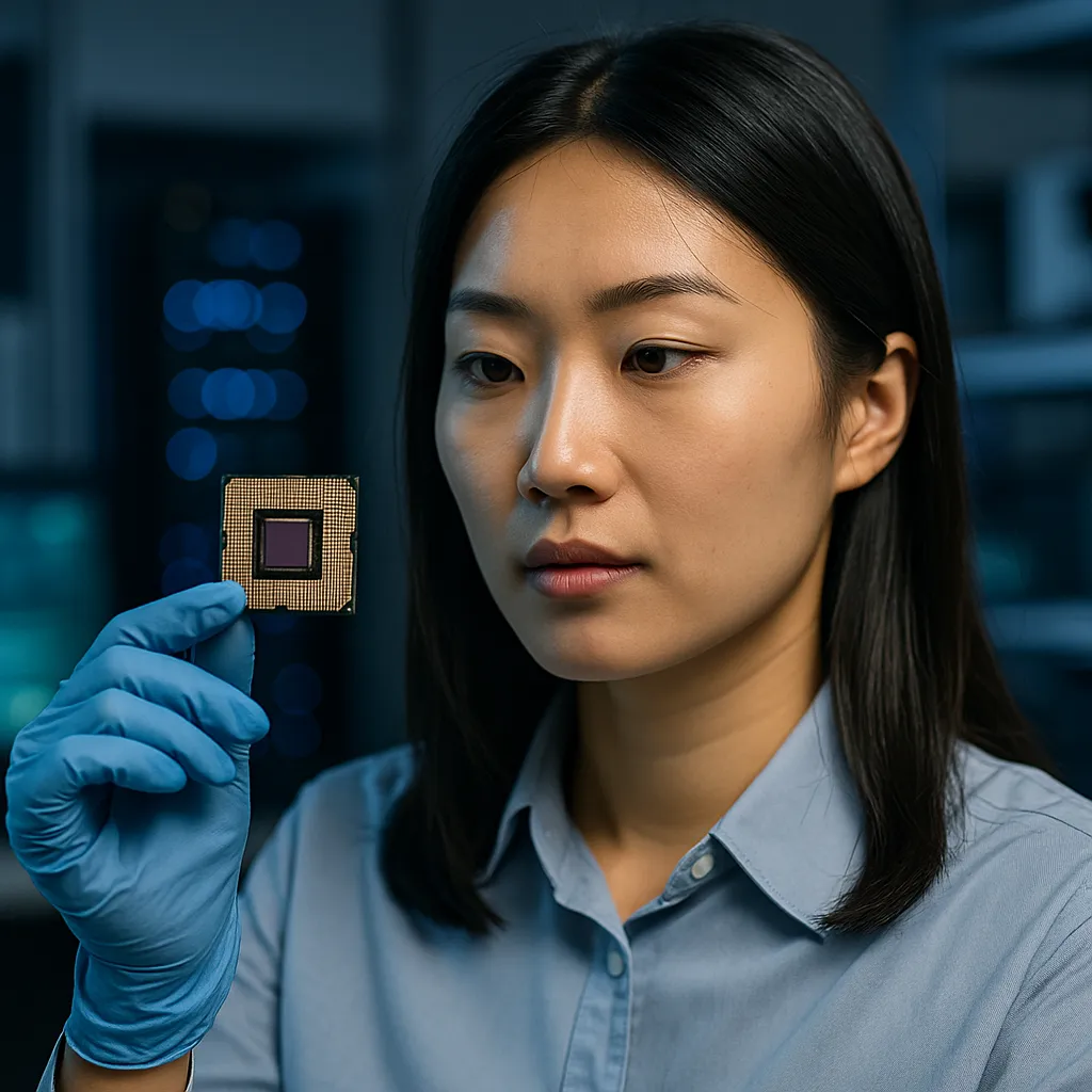 실험실에서 양자 칩을 관찰하는 여성