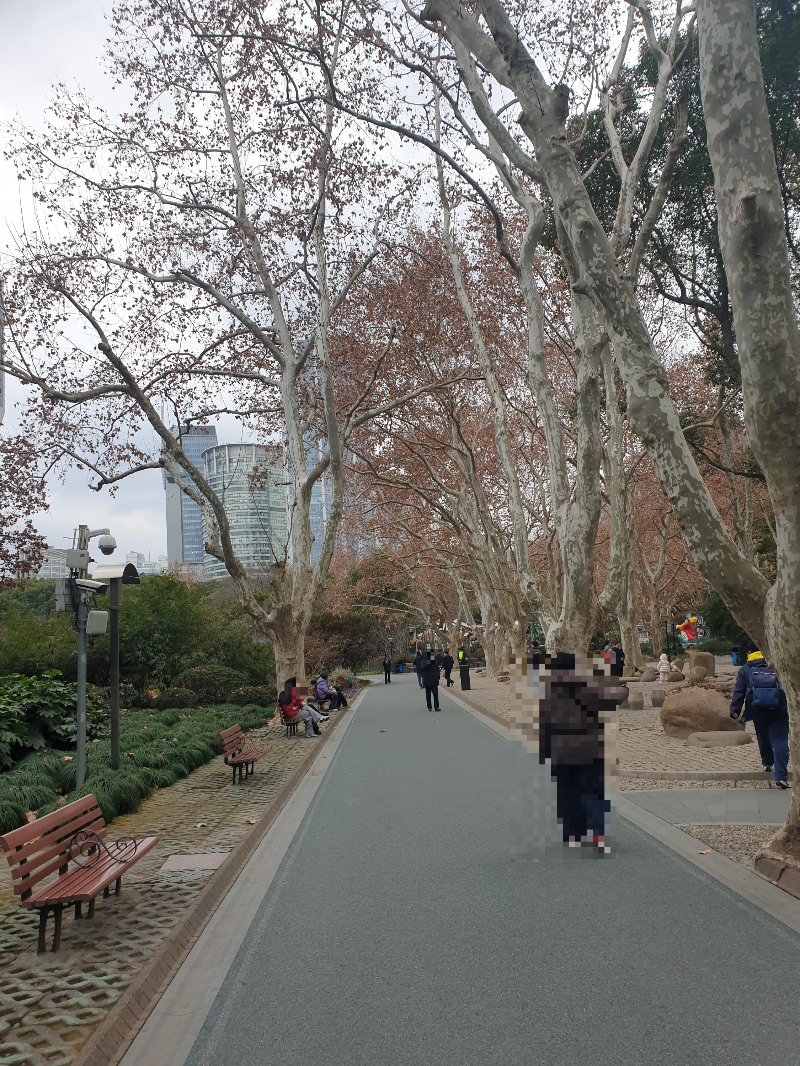 인민공원 메인로. 사람들이 산책 및 앉아서 공원을 즐기고 있다.