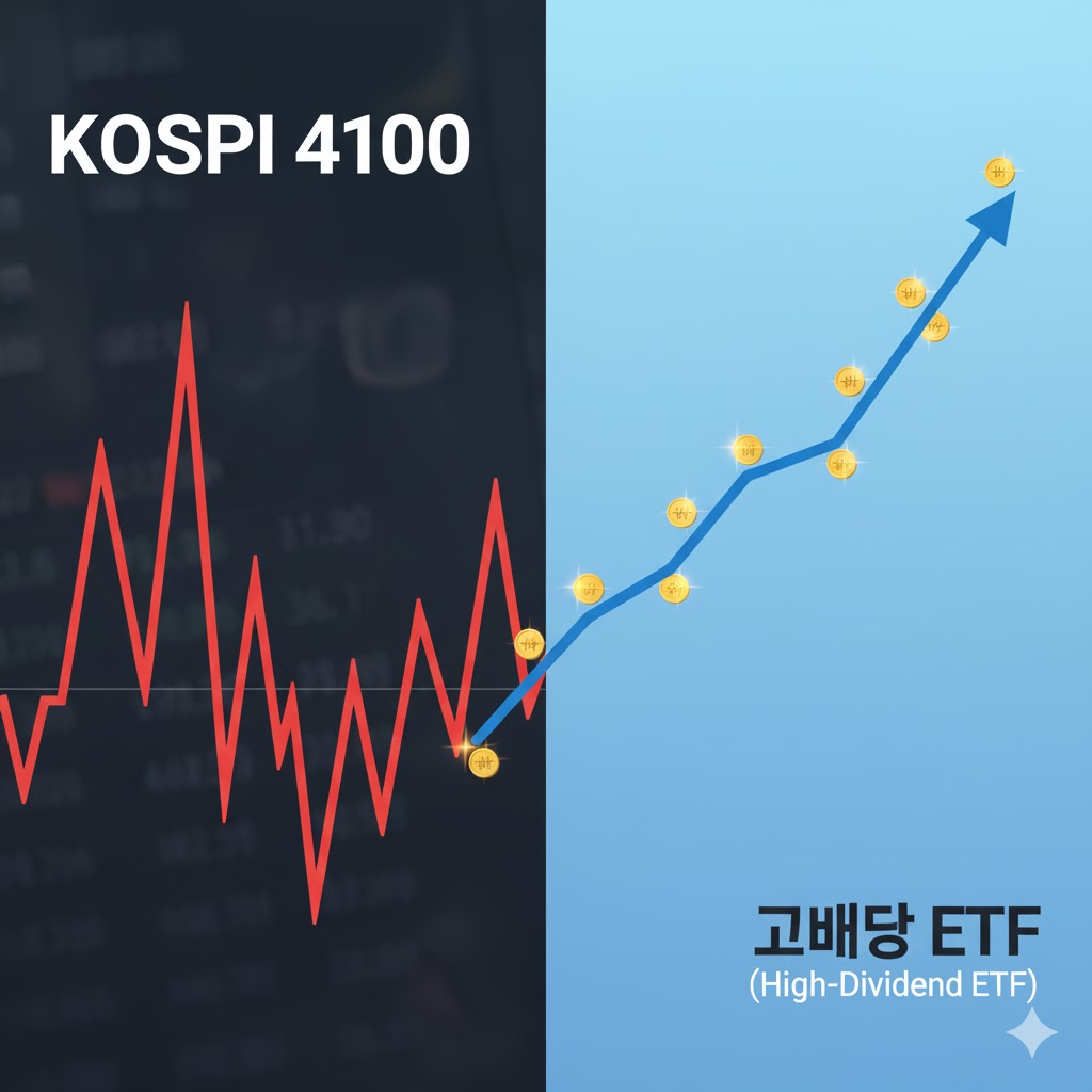 급등하는 코스피 그래프(4100선)와 / 안정적으로 배당금이 쌓이는 고배당 ETF 그래프가 비교되는 이미지