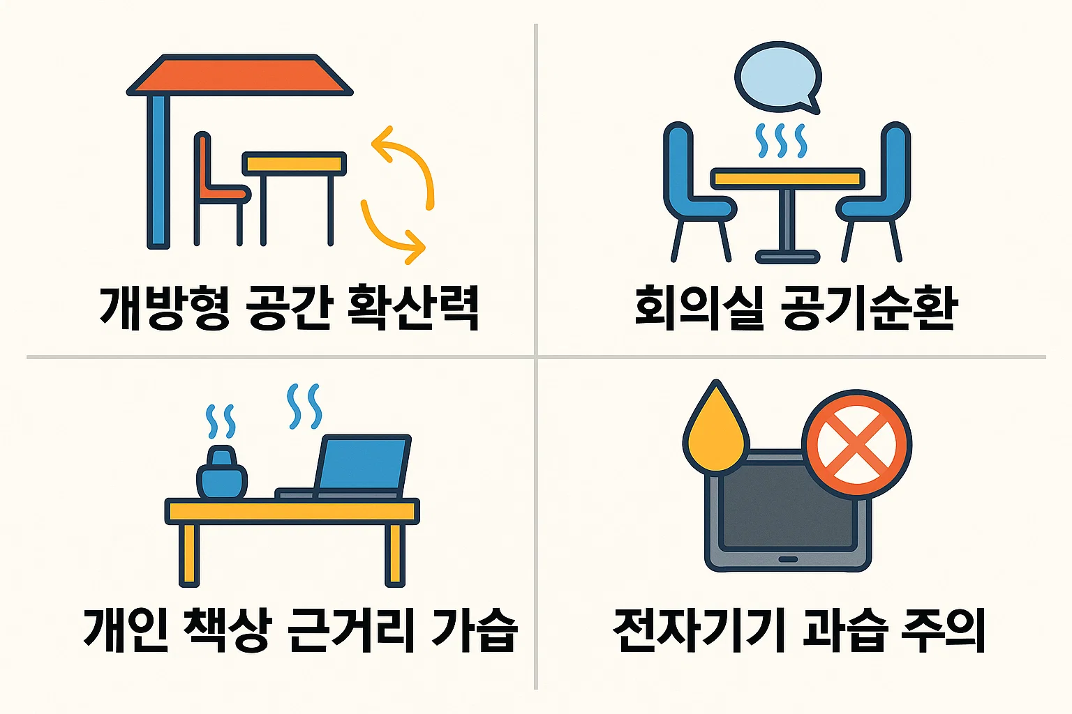 사무실 가습기 추천 시 고려해야 할 개방형 공간 확산력, 회의실 공기순환, 개인 책상 근거리 가습, 전자기기 과습 주의 등 실제 업무 환경 기반의 맞춤형 선택 요소를 정리한 분석 인포그래픽