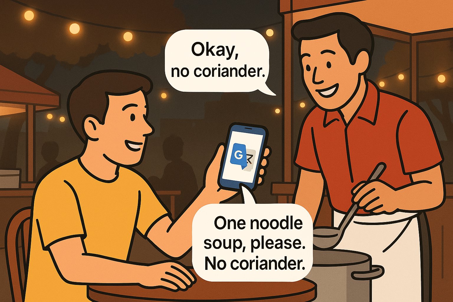 한국인 여행자가 방콕 야시장 포장마차에서 스마트폰 번역 앱을 점원에게 보여주며 쌀국수를 주문하는 이미지