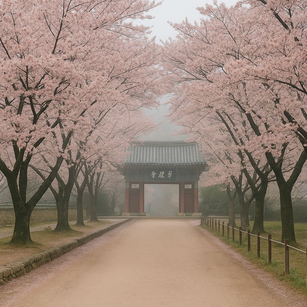 구례 화엄사 일주문 벚꽃길 전경 &ndash; 안개 낀 봄 아침의 고즈넉한 사찰 풍경