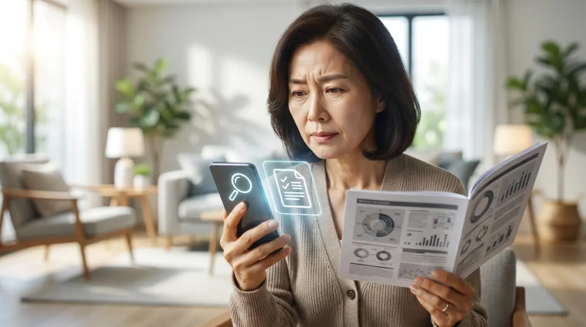 스마트폰을 사용하여 복잡한 서류나 약 봉투의 내용을 진지하게 분석하고 있는 50대 여성의 클로즈업 모습